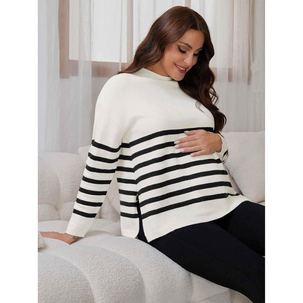 Womens Maternity Sweater Winter Top Striped Long Sleeve Relaxed Fit - Picture 6 of 7